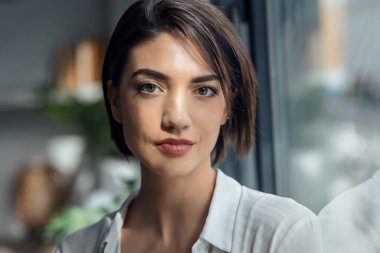 Evdeki pencerenin yanında duran güzel bir kadının portresi.