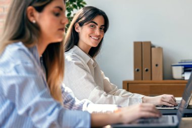Ofiste dizüstü bilgisayarla çalışan iki güzel tasarımcı kadının fotoğrafı.