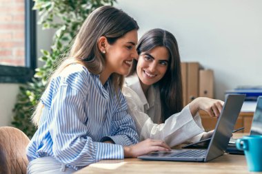 Ofiste dizüstü bilgisayarla çalışan iki güzel tasarımcı kadının fotoğrafı.
