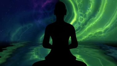 Meditasyondaki Budist keşiş enerji arka planına karşı poz veriyor