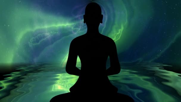 瞑想中の僧侶は エネルギーの背景に対してポーズ — ストック動画