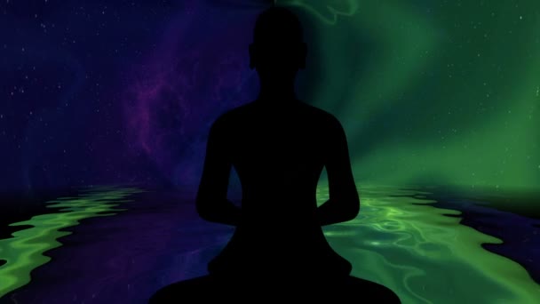 瞑想中の僧侶は エネルギーの背景に対してポーズ — ストック動画