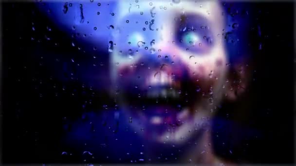 Chica Fantasma Contra Gotas Lluvia Superficie Ventana — Vídeos de Stock
