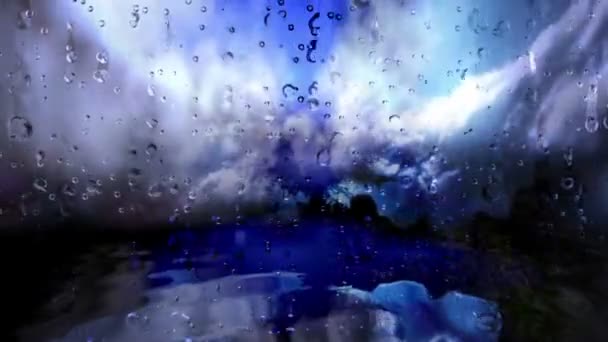 Nubes Lapso Tiempo Contra Gotas Lluvia Superficie Ventana — Vídeos de Stock