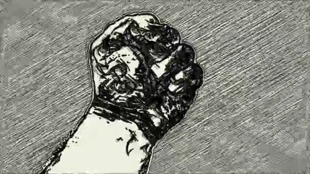 Сжатый Кулак Высоко Поднятый Анимации Рисования Рук Протеста — стоковое видео