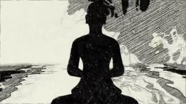 Buddhist monk in meditation pose against energy background hand draw animation