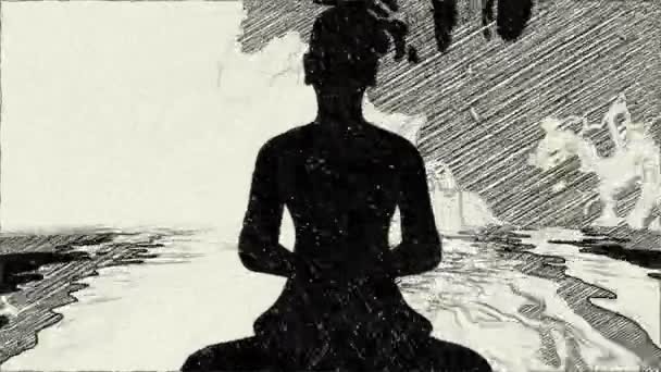 Buddhist Monk Meditation Pose Energy Background Hand Draw Animation — Stock Video