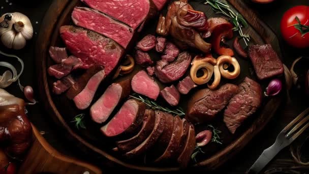 Diverse Heerlijke Gegrild Vlees Bovenaanzicht Dolly Shot — Stockvideo