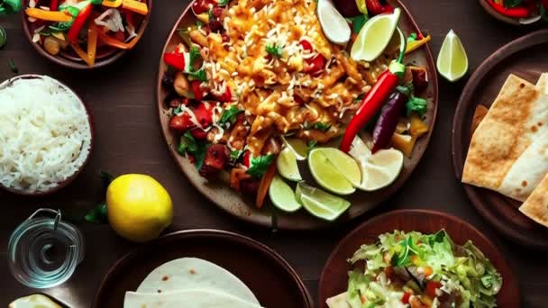 Διάφορα Νόστιμα Μεξικάνικο Φαγητό Top View Dolly Shot — Αρχείο Βίντεο