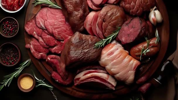 Vários Deliciosos Grelhados Carne Vista Superior Boneca Tiro — Vídeo de Stock
