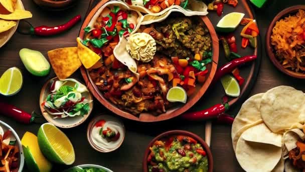 Διάφορα Νόστιμα Μεξικάνικο Φαγητό Top View Dolly Shot — Αρχείο Βίντεο
