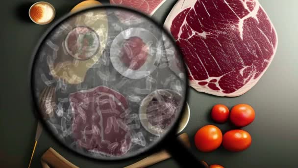 Zoeken Naar Bacteriën Rauw Vlees — Stockvideo