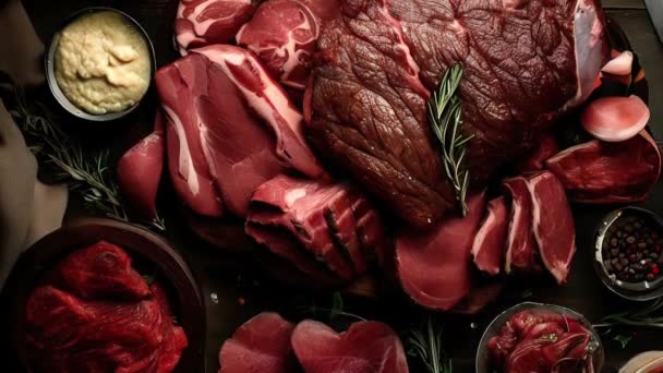 Diverse Heerlijke Gegrild Vlees Bovenaanzicht Dolly Shot — Stockvideo