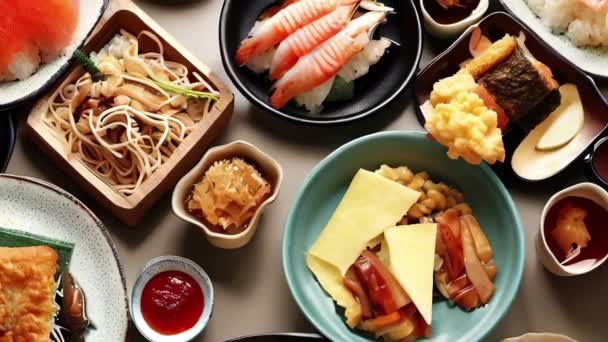 Különböző Japán Élelmiszer Felső Nézet — Stock videók