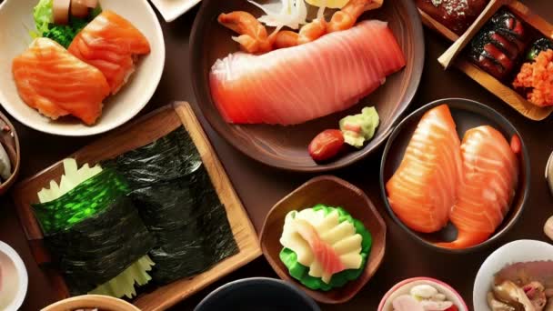 Różne Japońskie Jedzenie Widok Góry — Wideo stockowe