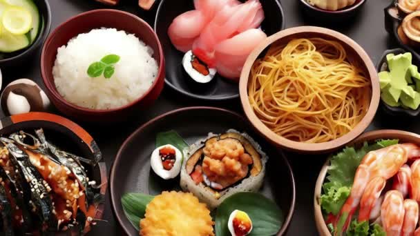 Çeşitli Japon Yemekleri Üst Görünümü — Stok video