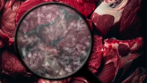 Poszukiwanie Bakterii Surowym Mięsie — Wideo stockowe