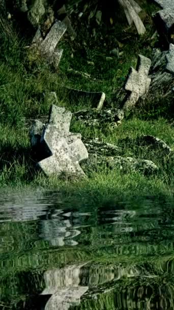 Cruz Piedra Antiguo Cementerio Reflejado Vídeo Vertical Del Agua — Vídeo de stock