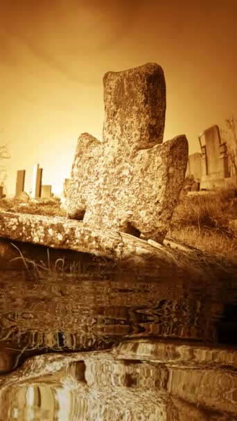 Old Abandon Cemetery Reflected Water Vertical Video — Stock Video