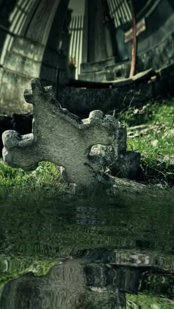 Old Abandon Cemetery Reflected Water Vertical Video — Stock Video