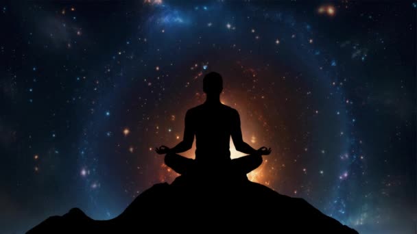 Silhuett Man Mediterar Lotus Poserar Framför Galaxen Universum Bakgrund — Stockvideo