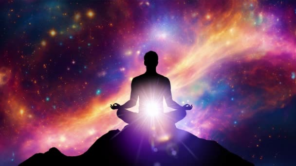 Nilüfer Üzerinde Meditasyon Yapan Bir Adamın Silüeti Galaksinin Arka Planında — Stok video