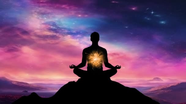Man Silhouette Yoga Meditation Pose Highlighting Hindu Chakras Energy Background — Stock Video