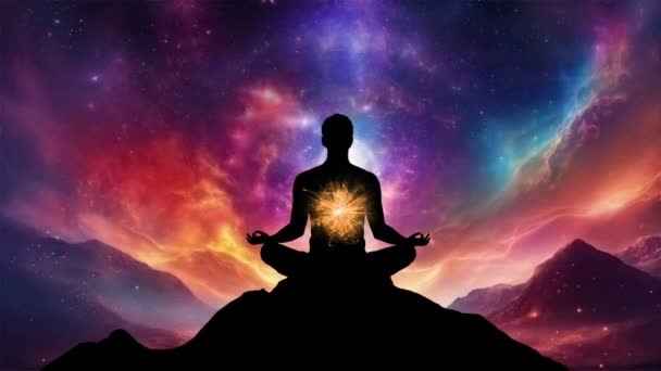 ヨガ瞑想の男のシルエットは エネルギー背景に対するヒンドゥー教のチャクラを強調しています — ストック動画