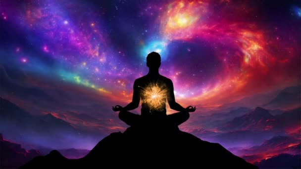 Man Silhouette Yoga Meditation Pose Highlighting Hindu Chakras Energy Background — Stock Video
