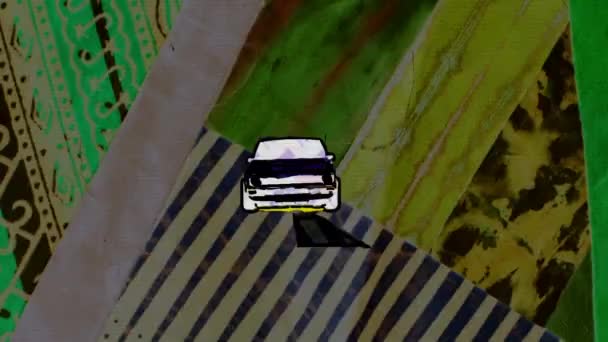 Kreskówkowy Samochód Porusza Się Tętniącej Życiem Kolorowe Powierzchni — Wideo stockowe