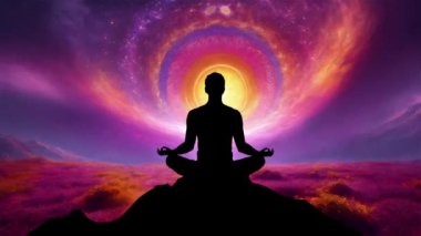 Nilüfer üzerinde meditasyon yapan bir adamın silüeti galaksinin arka planında poz veriyor.