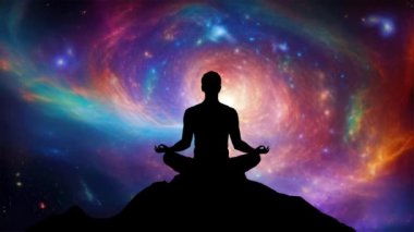 Nilüfer üzerinde meditasyon yapan bir adamın silüeti galaksinin arka planında poz veriyor.