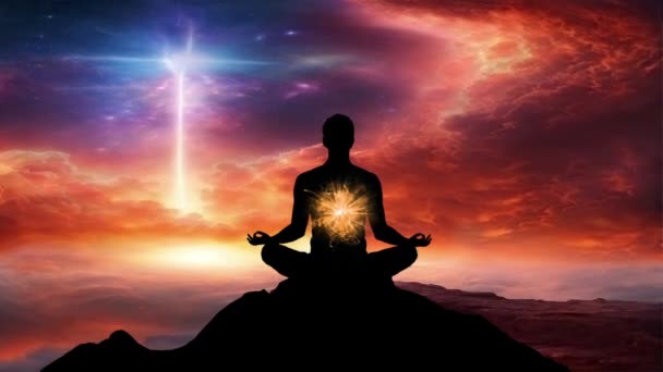 Uomo Silhouette Una Posa Meditazione Yoga Evidenziando Chakra Indù Sullo — Video Stock