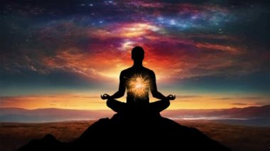 Yoga meditasyonundaki insan silueti, enerji arka planına karşı Hindu çakralarını vurguluyor