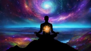 Yoga meditasyonundaki insan silueti, enerji arka planına karşı Hindu çakralarını vurguluyor