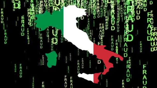 Digitale Darstellung Der Italienischen Landkarte Flagge Mit Betrugstext Überlagert — Stockvideo