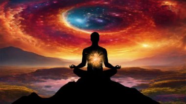 Yoga meditasyonundaki insan silueti, enerji arka planına karşı Hindu çakralarını vurguluyor