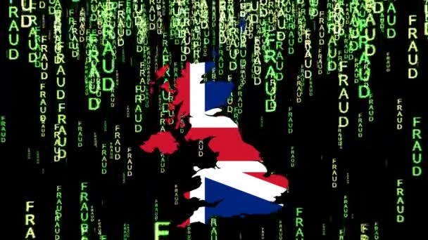 Ψηφιακή Αναπαράσταση Χάρτη Του Ηνωμένου Βασιλείου Σημαία Επικαλυμμένη Κείμενο Απάτης — Αρχείο Βίντεο