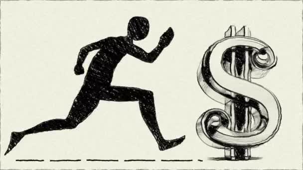 Homem Correndo Por Dinheiro Lucro Mão Desenhar Animação — Vídeo de Stock