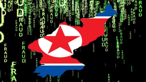 Ψηφιακή Αναπαράσταση Της Βόρειας Κορέας Χάρτη Σημαία Καλυμμένη Κείμενο Απάτης — Αρχείο Βίντεο