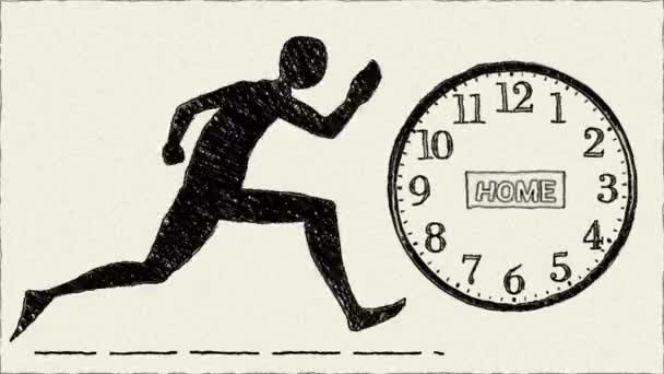 アニメーションされた黒と白のイラストは 古典的なアナログ時計の隣のランニングポーズのスタイリッシュな図を示しています — ストック動画