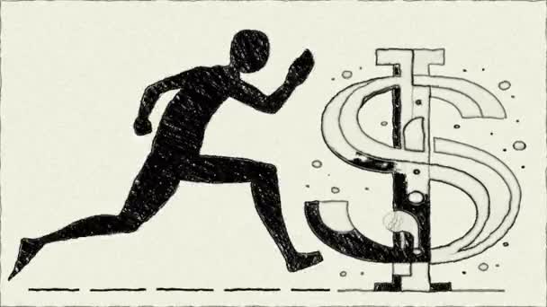 Hombre Corriendo Por Dinero Beneficio Mano Dibujar Animación Metraje De Stock