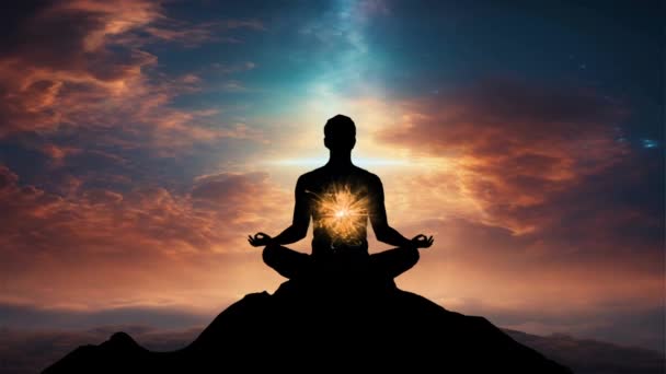 Yoga Meditasyonundaki Insan Silueti Enerji Arka Planına Karşı Hindu Çakralarını — Stok video