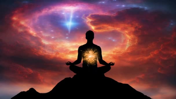 Man Silhuett Yoga Meditation Pose Markera Hinduchakran Mot Energi Bakgrund — Stockvideo