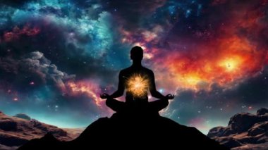 Bir dağın zirvesinde meditasyon yapan sakin bir insan silueti. Bireyler klasik nilüfer pozisyonunda otururlar.