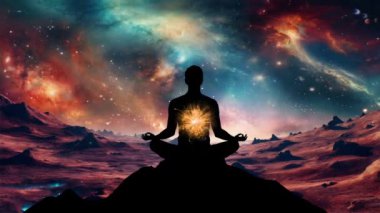Bir dağın zirvesinde meditasyon yapan sakin bir insan silueti. Bireyler klasik nilüfer pozisyonunda otururlar.