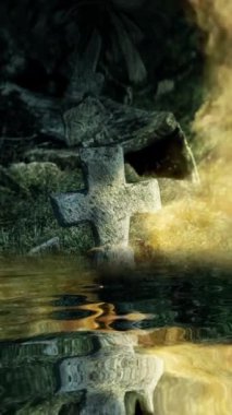 Eski terk edilmiş mezarlık su dikey videosuna yansıdı