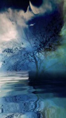 Sis, suyun üzerindeki ağaçların dikey görüntülerine yansıyor.