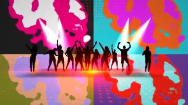 Canlı Parti Sahnesi Dans Eden Siluetler ve Renkli Işıklandırma Efektleri