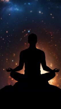 Nilüfer üzerinde meditasyon yapan bir adamın silüeti galaksinin önünde dikey arka plan videosunun önünde poz veriyor.